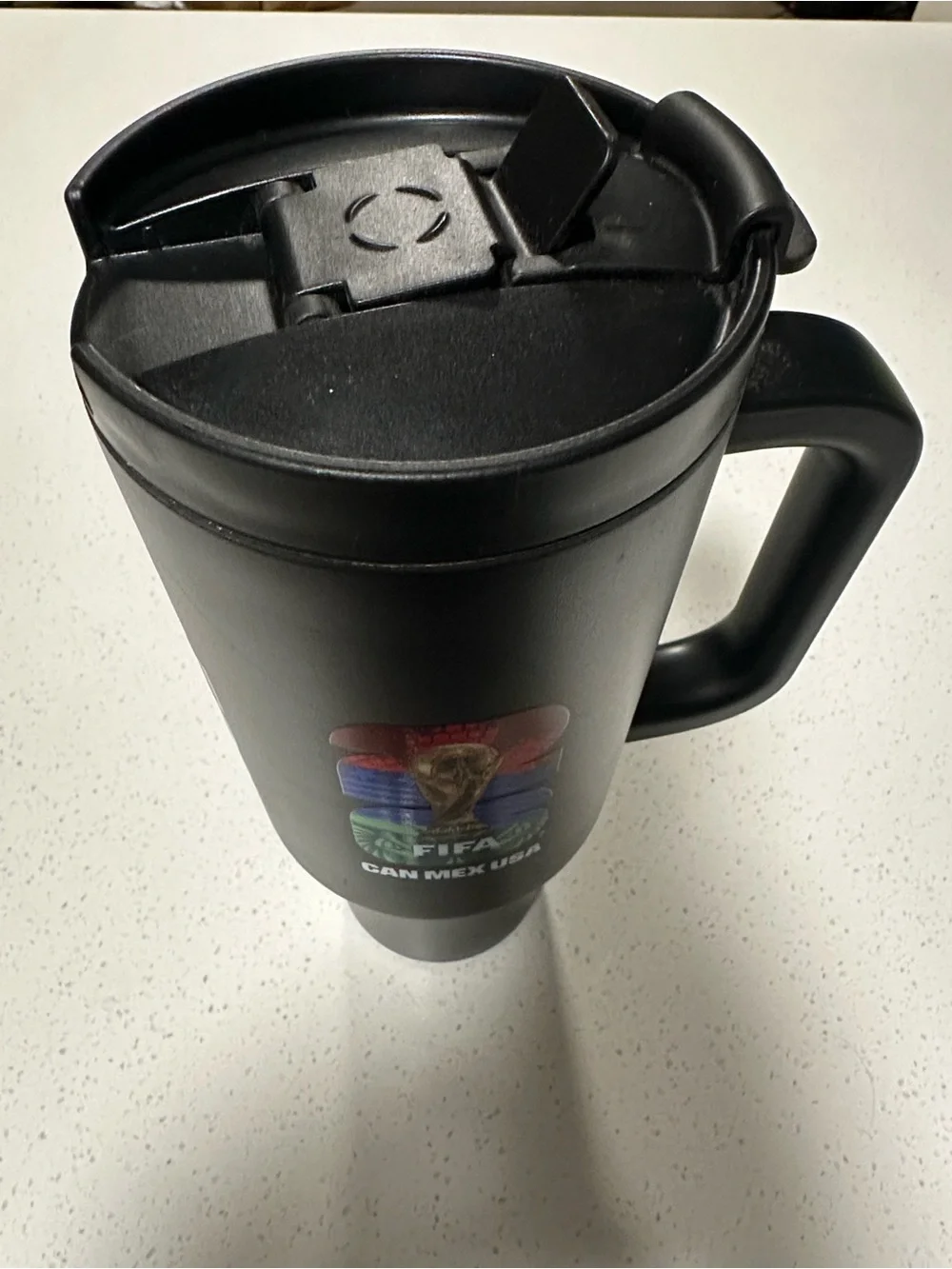 Official FIFA Black 40 oz. Travel Mug with Handle - CAN MEX USA World Cup Design